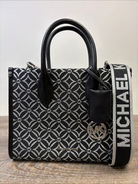 Michael Kors Black Silver Monogram Jacquard Satchel Crossbody Bag
